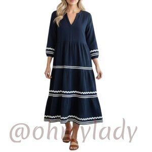 LOFT NAVY WHITE TRIM V-NECK TIERED MIDI DRESS